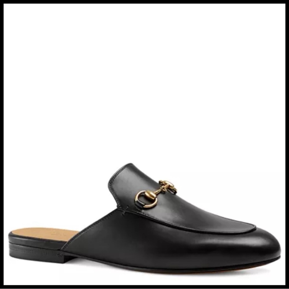Genuine Leather Horsebit Princeton Mules in Black. Size 39.